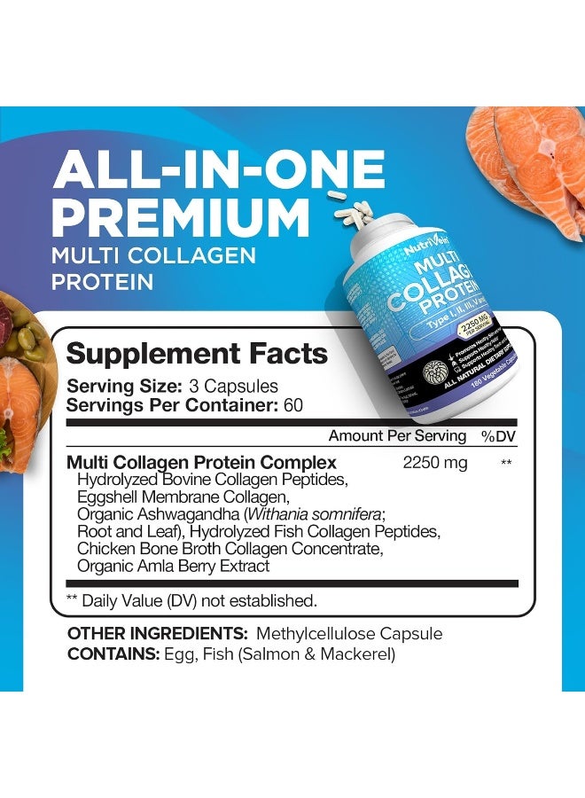 Nutrivein Type I, II, III, V, X - Anti-Aging Multi Collagen Pills for Women and Men (2250mg)- 180 Capsules - Image 2