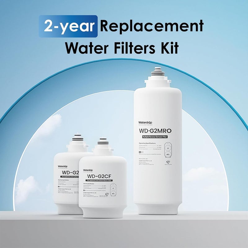 Waterdrop G2-2CFRO Filter, Replacement for G2 Reverse Osmosis System, 2-year Lifetime, Pack of 2 G2CF Filters and 1 G2MRO Filter, Reduce PFAS - Image 4