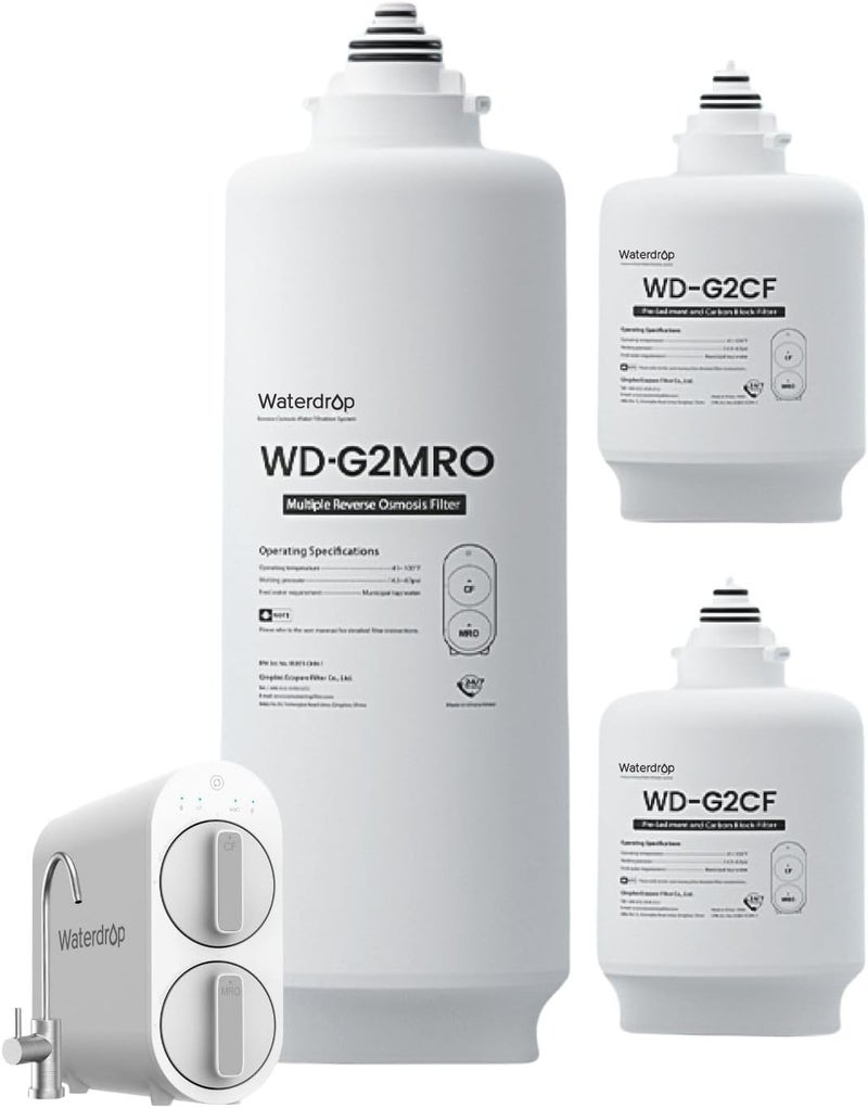 Waterdrop G2-2CFRO Filter, Replacement for G2 Reverse Osmosis System, 2-year Lifetime, Pack of 2 G2CF Filters and 1 G2MRO Filter, Reduce PFAS - Image 1
