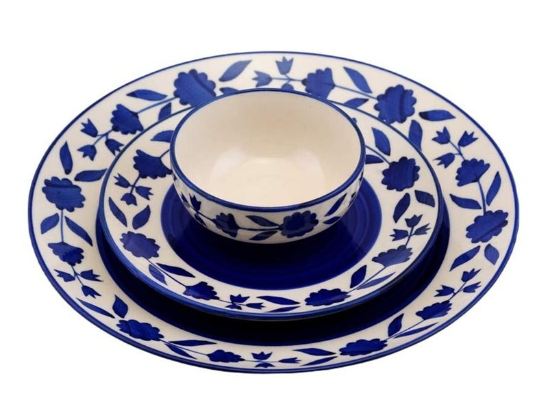 Phezent Blue Floral Ceramic Dinner Set (3 Pieces, 1 Dinner Plate, 1 Quarter Plate, 1 Katori Bowl) - Dishwasher & Microwave Safe