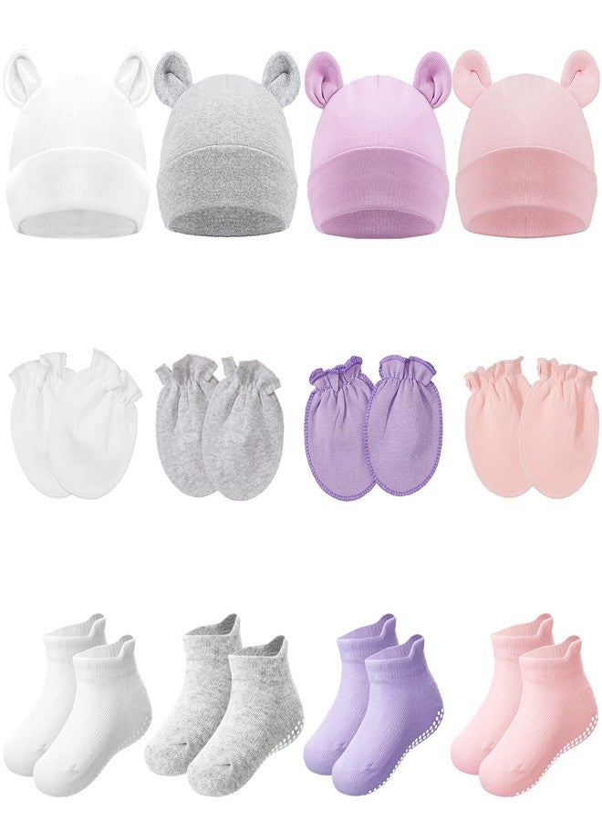 Syhood 4 Sets Newborn Baby Hat and Mittens Toddler Beanie Cap Non Slip Socks for 0-6 Months (White, Gray, Pink, Purple) - Image 1