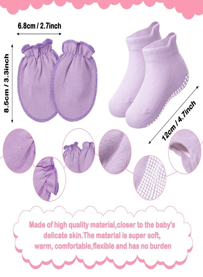 Syhood 4 Sets Newborn Baby Hat and Mittens Toddler Beanie Cap Non Slip Socks for 0-6 Months (White, Gray, Pink, Purple) - Image 3