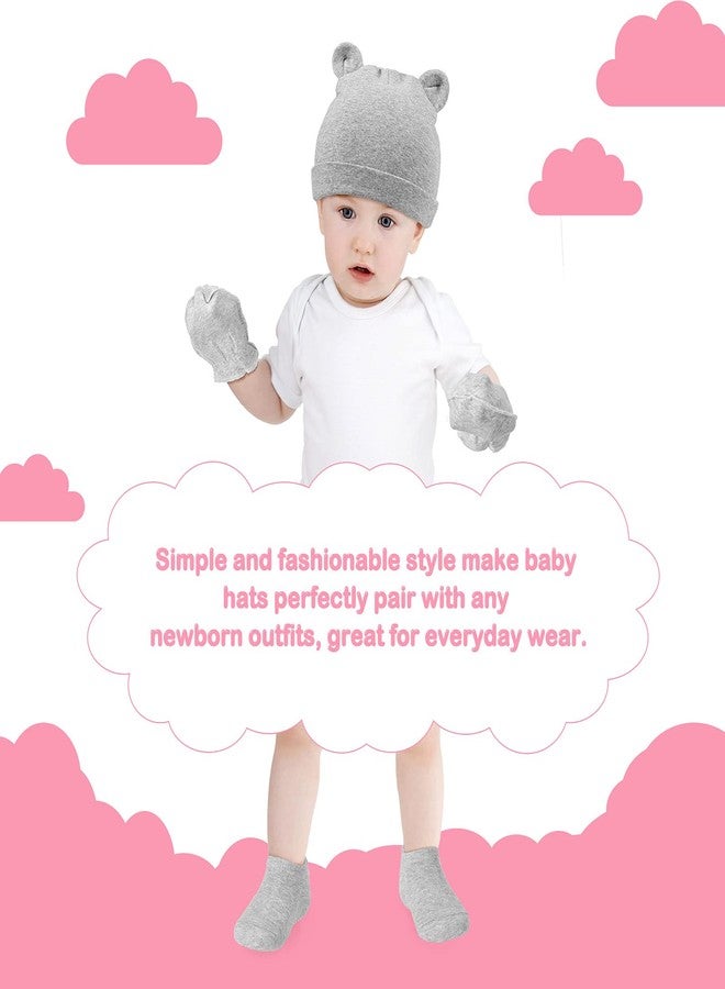 Syhood 4 Sets Newborn Baby Hat and Mittens Toddler Beanie Cap Non Slip Socks for 0-6 Months (White, Gray, Pink, Purple) - Image 4