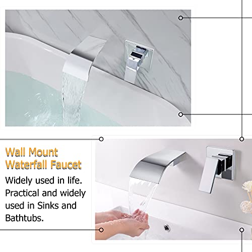 KAPHOME Waterfall Faucet Wall Mount,Brass Bathroom Waterfall Tub Faucet,Wall Mounted Bathtub Filler Tap,Chrome,KHBPC01U - Image 2