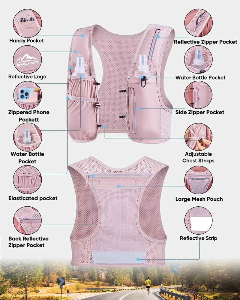 Zelvot Running Vest for Women Men, USA Original Patent, Adjustable Chest Straps Running Hydration Vest with 500ml Soft Flask, Lightweight Reflective Hydration Backpack for Marathon (Pink, XS/S) - Image 5