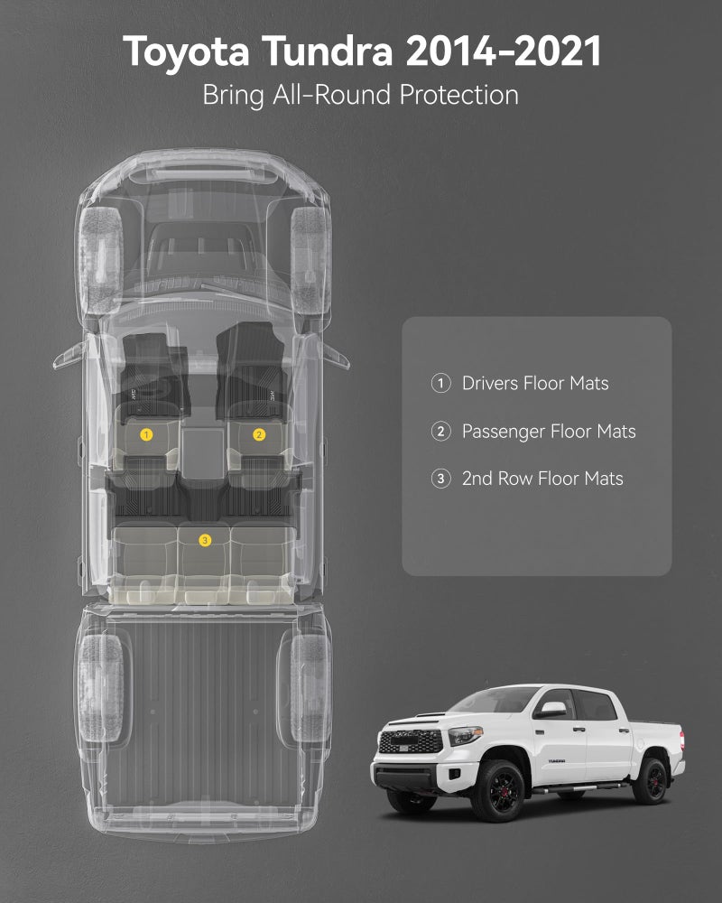 3W Floor Mats Fit for Toyota Tundra 2014-2021 (Only for CrewMax Cab), TPE All Weather Custom Fit Floor Liner for Tundra Accessories SR5/TRD/Limited 1st and 2nd Row Full Set Car Mats Easy Clean, Black - Image 2