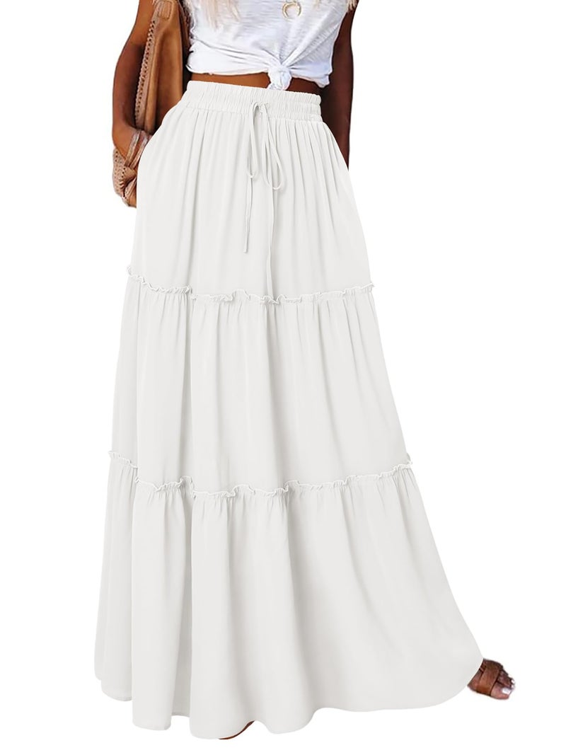 onlypuff White Maxi Skirt for Women Boho Western Skirts High Waist Long Skirt with Pockets Fall Festival Outfits Clothing L - Image 2