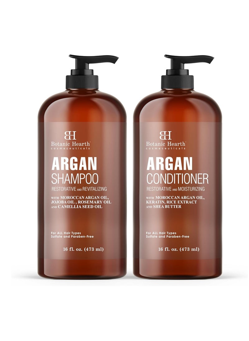 Botanic Hearth Argan Oil Shampoo and Conditioner Set - with Keratin, Restorative & Moisturising - Sulphate & Paraben Free - for All Hair Types and Colour Treated Hair, Men and Women - 470ml x 2  - Image 1