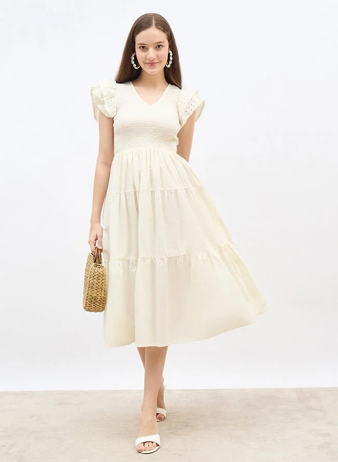 Styli Styli Smocked Detail Ruffled Sleeve A-Line Midi Dress