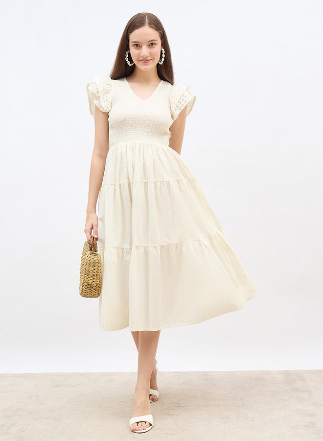 Styli Smocked Detail Ruffled Sleeve A-Line Midi Dress - Image 1
