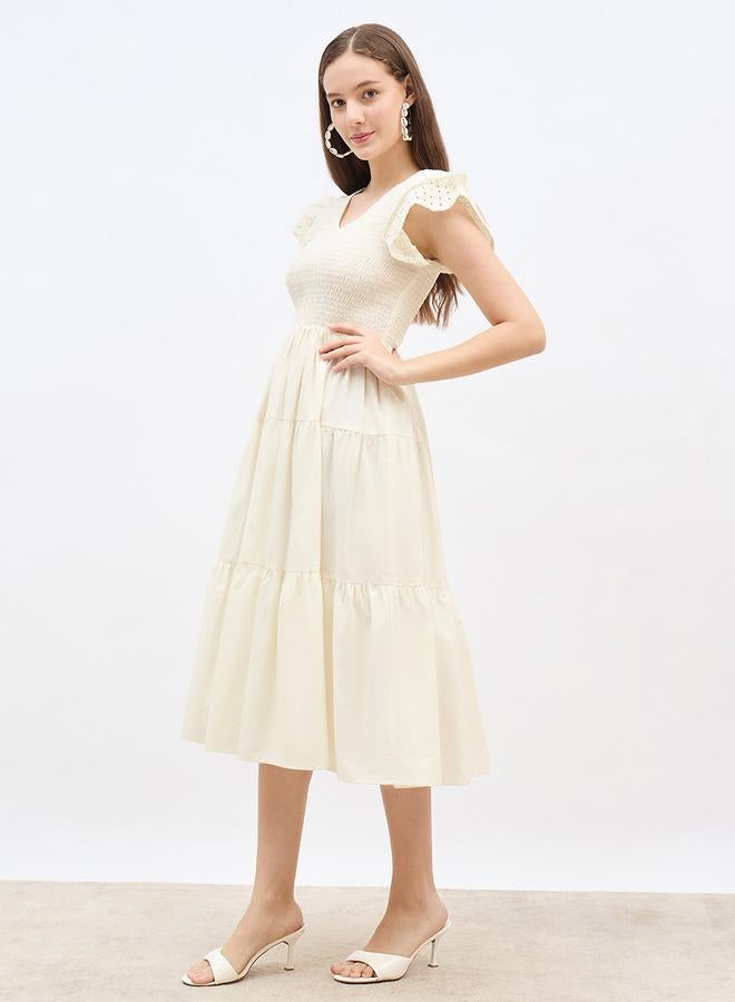 Styli Smocked Detail Ruffled Sleeve A-Line Midi Dress - Image 3