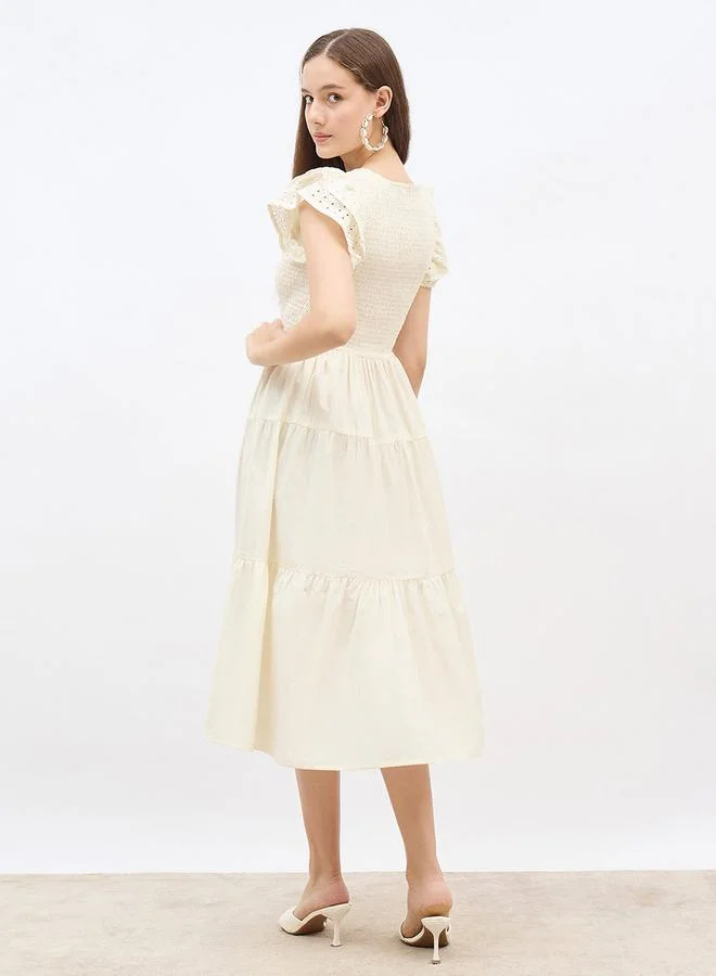 Styli Styli Smocked Detail Ruffled Sleeve A-Line Midi Dress