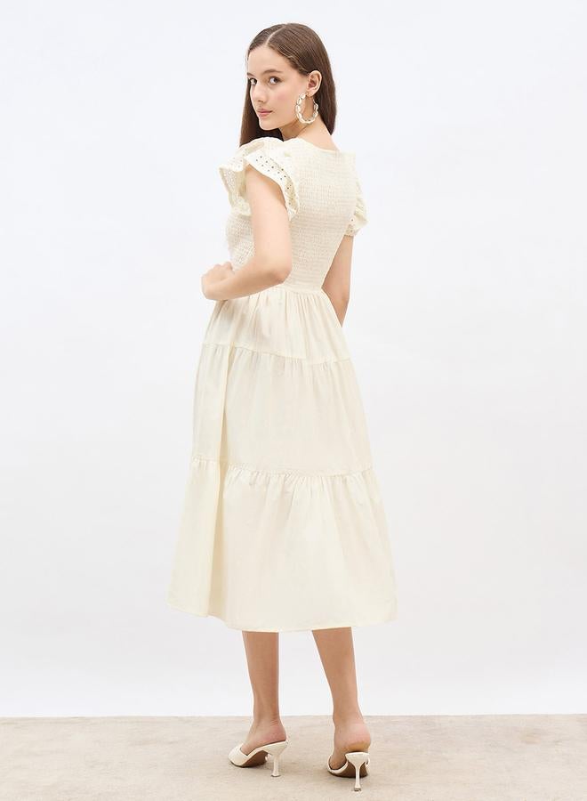 Styli Smocked Detail Ruffled Sleeve A-Line Midi Dress - Image 5