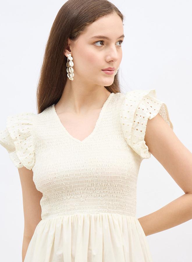 Styli Smocked Detail Ruffled Sleeve A-Line Midi Dress - Image 4