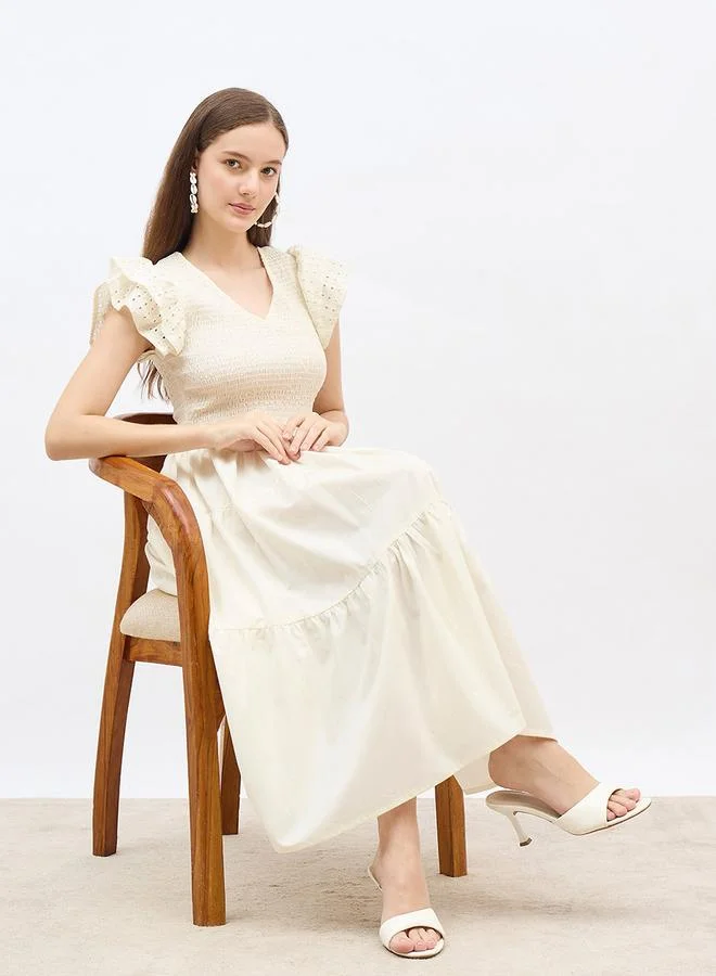 Styli Styli Smocked Detail Ruffled Sleeve A-Line Midi Dress