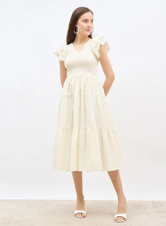 Styli Styli Smocked Detail Ruffled Sleeve A-Line Midi Dress