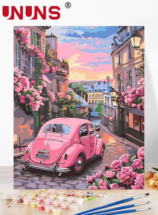 UNUNS رسم بالأرقام، مجموعات رسم بالأرقام للبالغين، مجموعات رسم للمبتدئين على قماش ملون واضح، رسم سهل لسيارة وردية للعمل الفني لتزيين جدران المنزل، 40x50 سم - Image 1