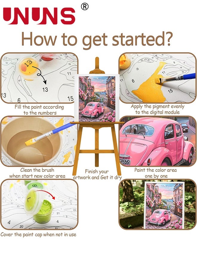 UNUNS رسم بالأرقام، مجموعات رسم بالأرقام للبالغين، مجموعات رسم للمبتدئين على قماش ملون واضح، رسم سهل لسيارة وردية للعمل الفني لتزيين جدران المنزل، 40x50 سم - Image 3