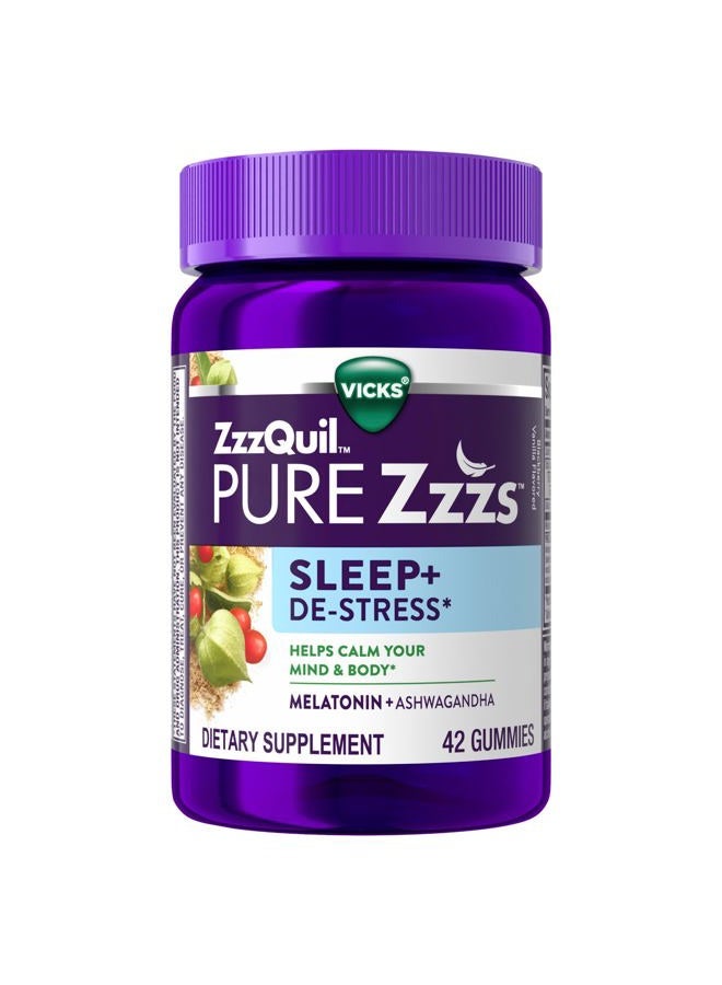 Vicks PURE Zzzs De-Stress Melatonin Sleep Aid Gummies, Helps Calm Your Mind and Body, Ashwagandha for Stress Support, Sleep Aids for Adults, 1 mg per gummy, 42 Count - Image 1