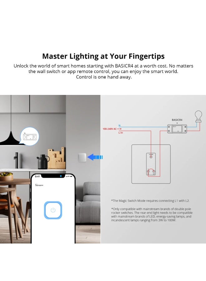 SONOFF BASICR4 Wi-Fi Smart Switch - ESP32 DIY Inline Switch, 100-240V 2400W Max, 2.4GHz Wi-Fi, Magic Switch Mode, Alexa & Google Home via Matter - Image 3