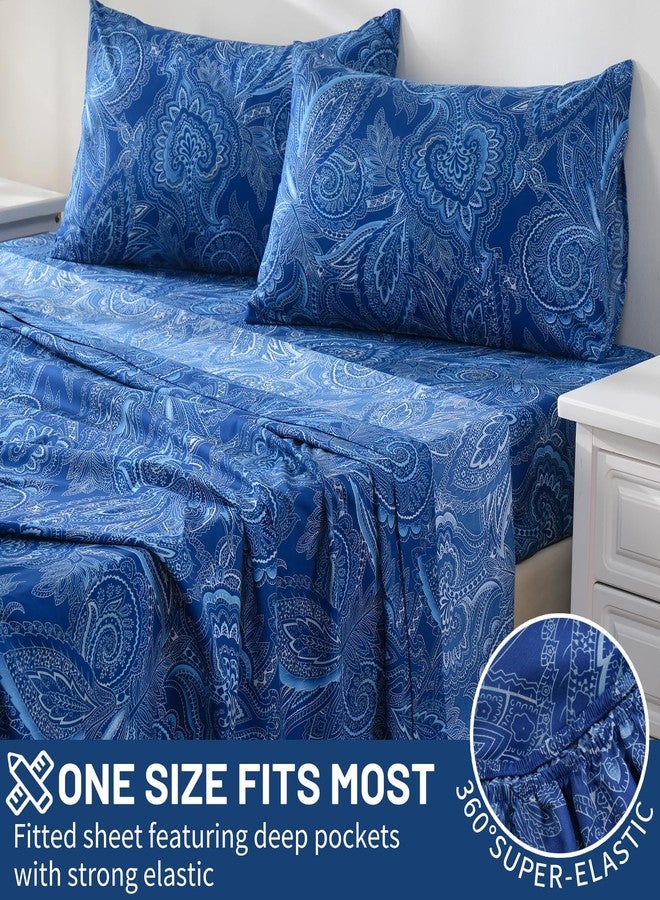 Bedlifes Queen Size Deep Pocket Sheet Sets-Fits Mattresses Up to 18-24" Thick 22"-4 PC Microfiber Extra Deep Pocket Sheets-1800 Thread Count Soft Smooth Breathable Paisley Dark Navy Blue(Queen) - Image 4