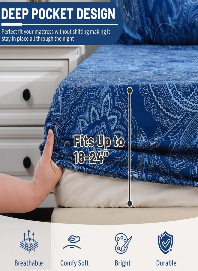 Bedlifes Queen Size Deep Pocket Sheet Sets-Fits Mattresses Up to 18-24" Thick 22"-4 PC Microfiber Extra Deep Pocket Sheets-1800 Thread Count Soft Smooth Breathable Paisley Dark Navy Blue(Queen) - Image 2