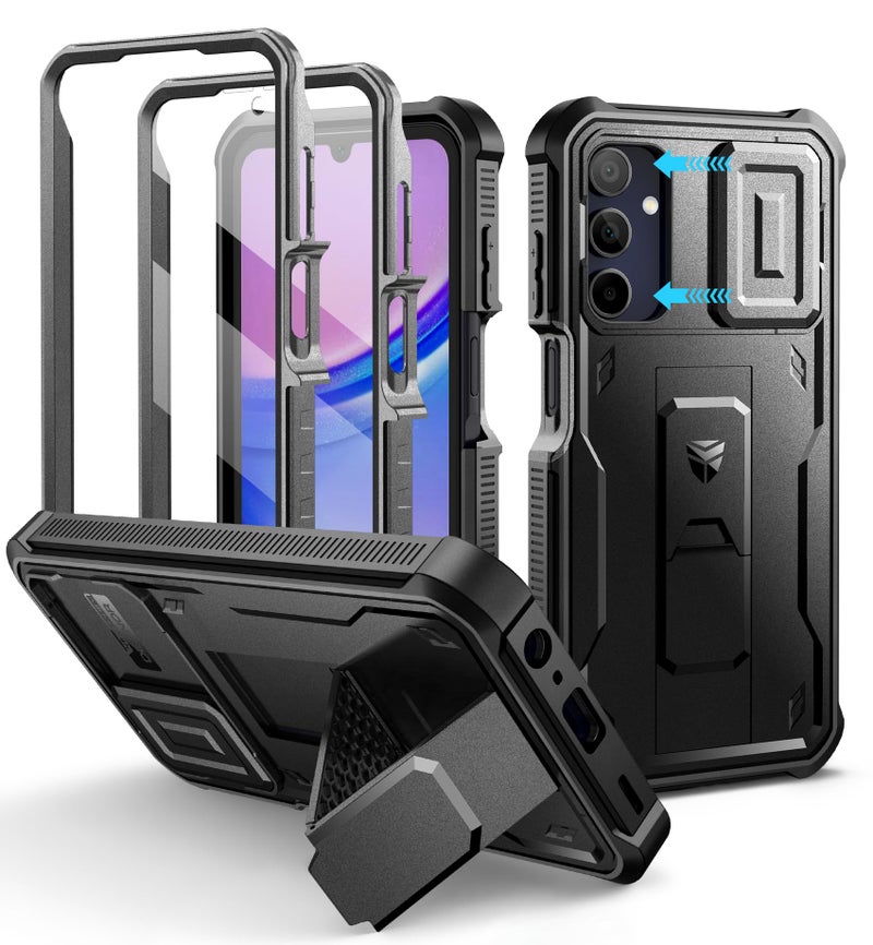 Dexnor for Samsung Galaxy A155G Phone Case 2 Front Frame Bulitin Slide Camera Cover Kickstand Heavy Duty Military Grade Protection Shockproof Case with Screen Protector 65 inch Black - Image 2