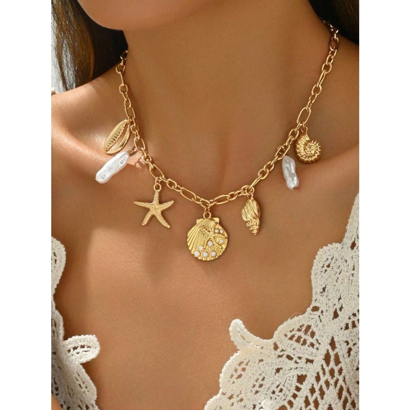 1pc Fashionable Faux Pearl, Seashell, Starfish Metal Pendant Necklace, Women Ocean Vibe Jewelry Suitable For Daily Wear, Beach Vacation, Music Festival, Party Decoration, Holiday  Gift - Image 2