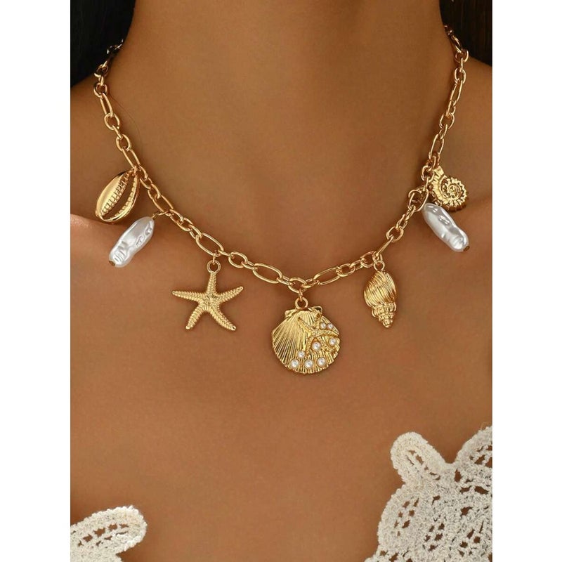 1pc Fashionable Faux Pearl, Seashell, Starfish Metal Pendant Necklace, Women Ocean Vibe Jewelry Suitable For Daily Wear, Beach Vacation, Music Festival, Party Decoration, Holiday  Gift - Image 1