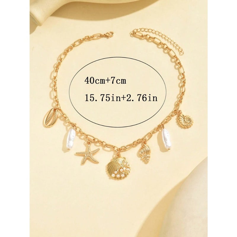 1pc Fashionable Faux Pearl, Seashell, Starfish Metal Pendant Necklace, Women Ocean Vibe Jewelry Suitable For Daily Wear, Beach Vacation, Music Festival, Party Decoration, Holiday  Gift - Image 5