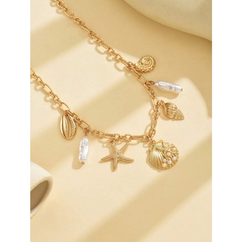 1pc Fashionable Faux Pearl, Seashell, Starfish Metal Pendant Necklace, Women Ocean Vibe Jewelry Suitable For Daily Wear, Beach Vacation, Music Festival, Party Decoration, Holiday  Gift - Image 4