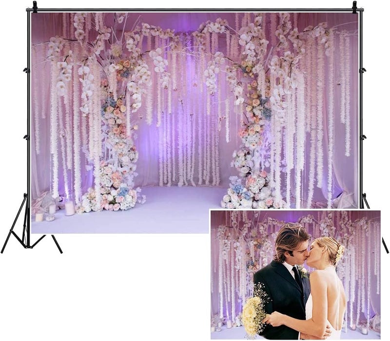 Yeele 10x8ft Wedding Ceremony Photography Background White Flowers Purple Backdrop Anniversary Events Bridal Shower Marriage Celebration Party Decoration Couple Portrait Shooting Vinyl Photo Props - Image 1