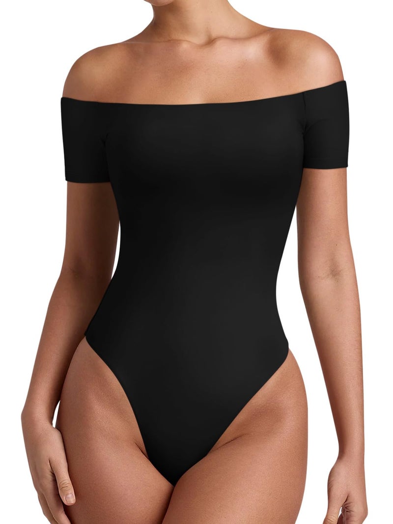 REORIA Womens Sexy Casual Off The Shoulder Short Sleeve Backless Going Out Double Lined Fitted Thong Bodysuit Tops Black Onyx Small - Image 2