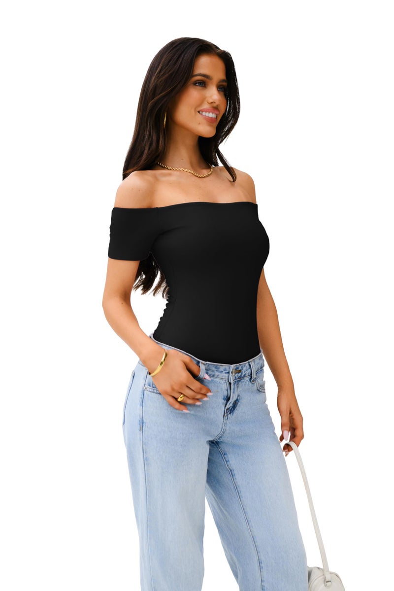 REORIA Womens Sexy Casual Off The Shoulder Short Sleeve Backless Going Out Double Lined Fitted Thong Bodysuit Tops Black Onyx Small - Image 5
