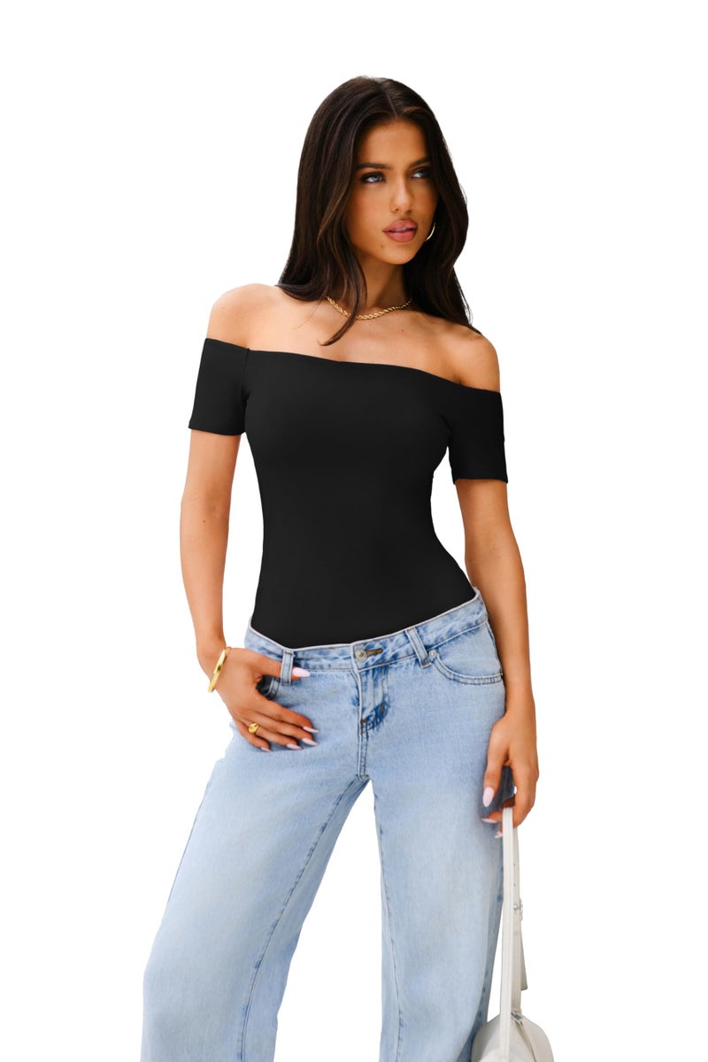 REORIA Womens Sexy Casual Off The Shoulder Short Sleeve Backless Going Out Double Lined Fitted Thong Bodysuit Tops Black Onyx Small - Image 3