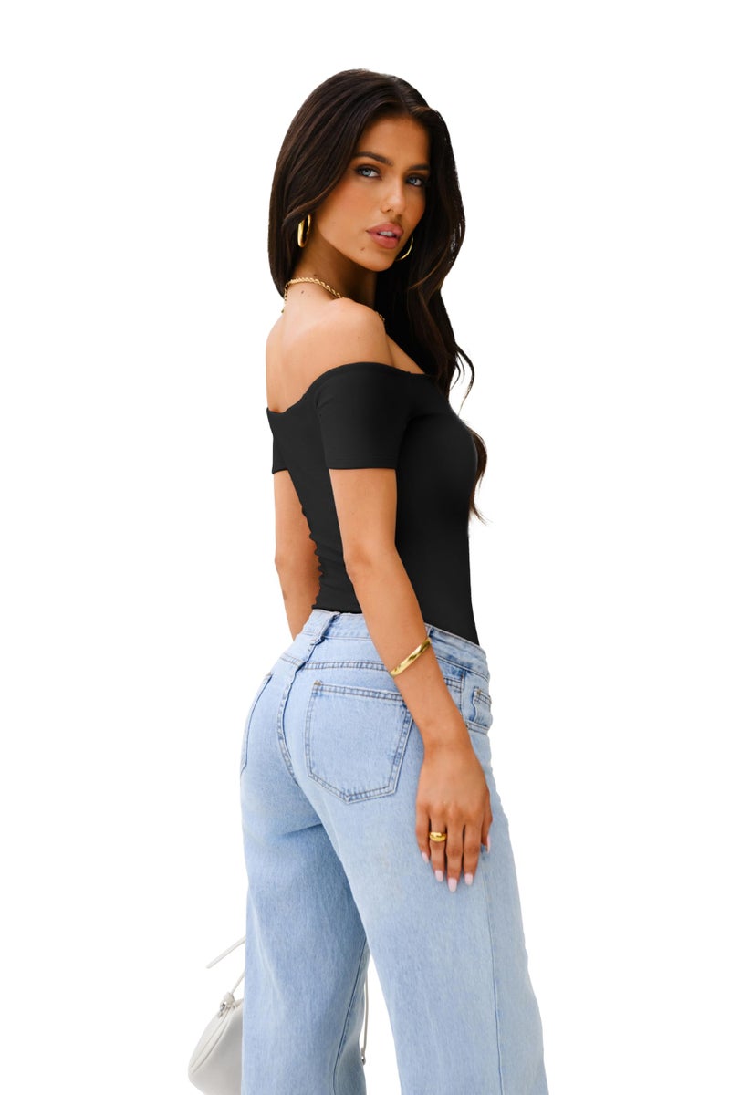 REORIA Womens Sexy Casual Off The Shoulder Short Sleeve Backless Going Out Double Lined Fitted Thong Bodysuit Tops Black Onyx Small - Image 4