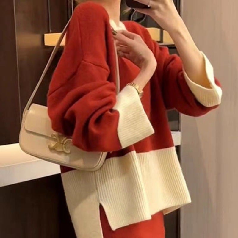 Autumn and winter suit Korean drama leisure feeling fried Street early autumn loose red sweater knitted skirt two-piece set Female Popular Red - Image 1
