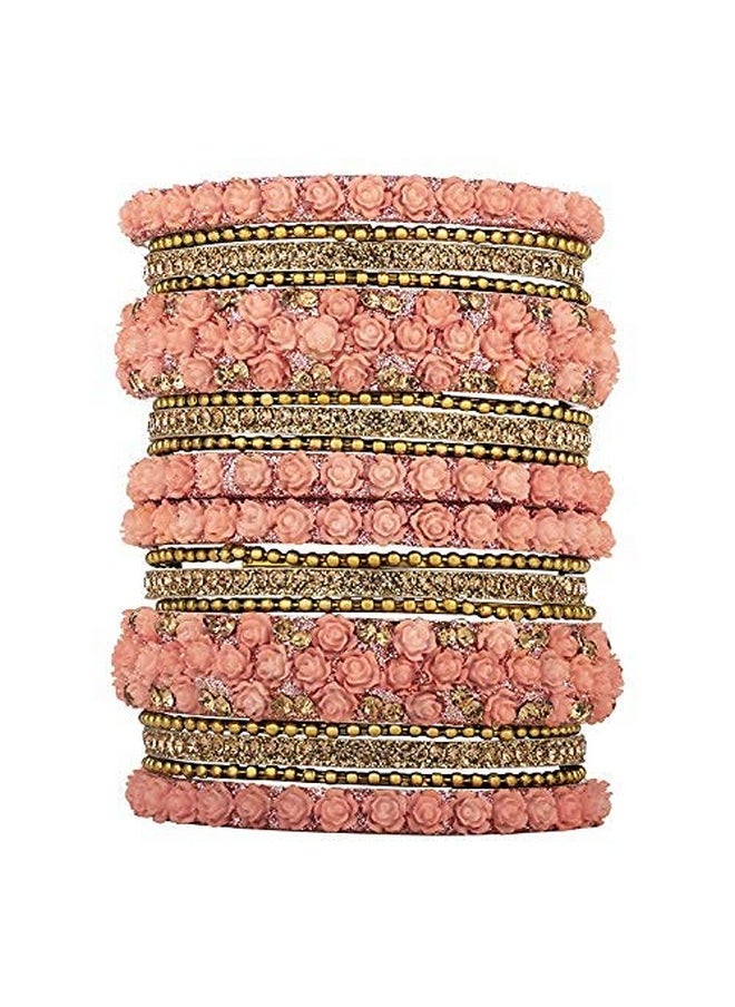 Aheli Ethnic Colorful Metal Bangles Chudha Set Stone Studded Bangle Set Indian Wedding Wear Fashion Jewelry For Women & Girls (Peach)  - Image 1