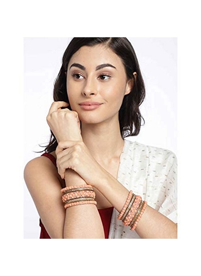 Aheli Ethnic Colorful Metal Bangles Chudha Set Stone Studded Bangle Set Indian Wedding Wear Fashion Jewelry For Women & Girls (Peach)  - Image 2