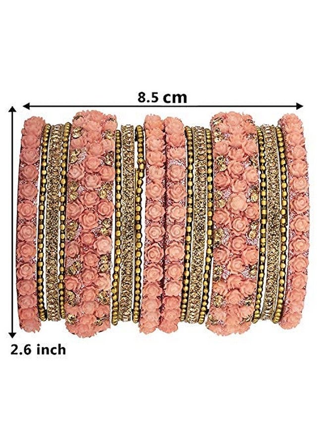 Aheli Ethnic Colorful Metal Bangles Chudha Set Stone Studded Bangle Set Indian Wedding Wear Fashion Jewelry For Women & Girls (Peach)  - Image 3