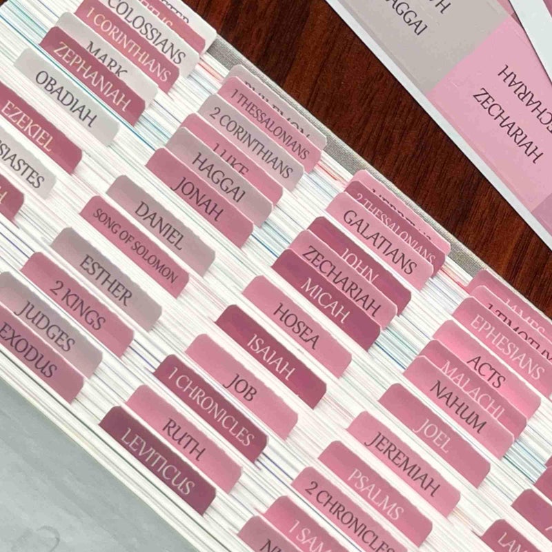 thinkor Laminated Bible Tabs, Reposition Large Print Stickers, Easy to Read and Apply Bible Tabs for Women and Man (White Pink) - Image 1