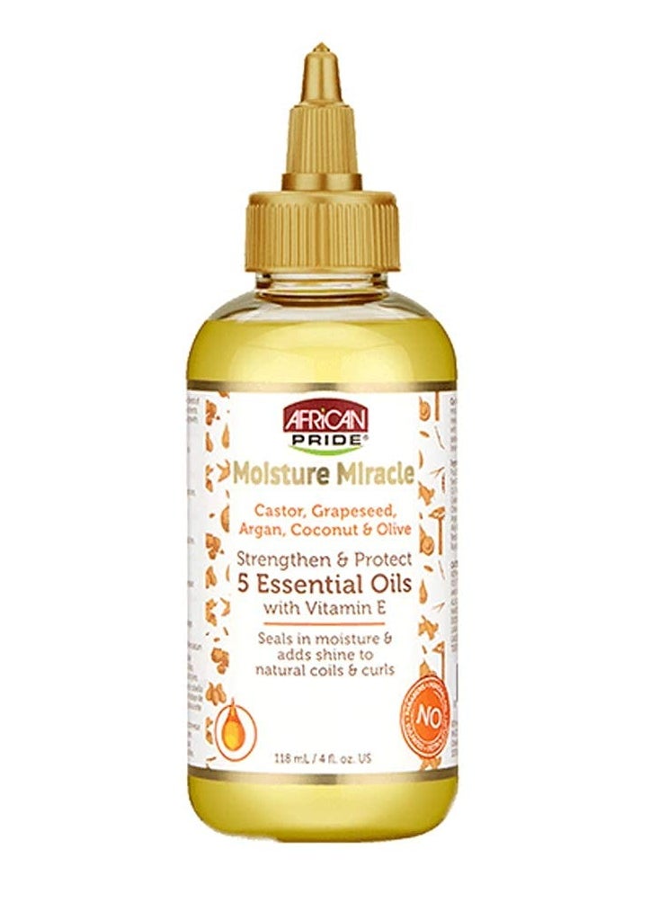 African Pride - Moisture Miracle 5 Essential Oils Contains Castor Grapeseed Argan Coconut And Olive Oil Seals in Moisture Vitamin E 118 ML - Image 1