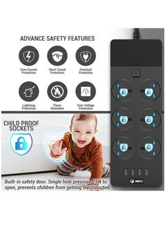 Excefore Extension Lead 2M/6.5FT, with 4 (2.1A) USB Slots, 6 Gang Electrical Sockets & Built-in Fuse, Surge & Shutter Protected Wall Mount Extension Cable, Black  - Image 4