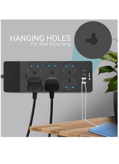 Excefore Extension Lead 2M/6.5FT, with 4 (2.1A) USB Slots, 6 Gang Electrical Sockets & Built-in Fuse, Surge & Shutter Protected Wall Mount Extension Cable, Black  - Image 3