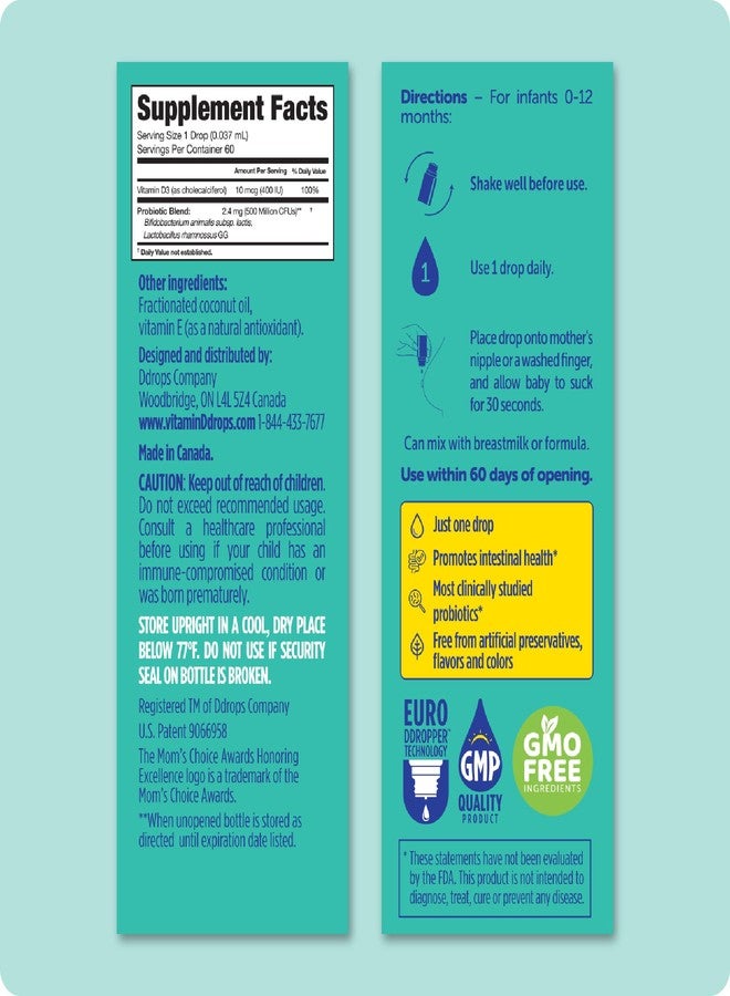 Ddrops Baby Probiotic with Vitamin D, 60 Drops - Colic Symptom Relief for Newborns and Infants - Easy-to-Use, Just One Drop Daily, No Sugar, Non-GMO, Allergy-friendy - Image 3