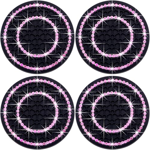 MEAJOO 4PCS Bling Crystal Rhinestone Cup Holder Coaster 275 inch Soft Silicone AntiSlip Shockproof Car Cup Holder Insert Coasters Universal Car Interior Accessories for Women Black Pink - Image 1