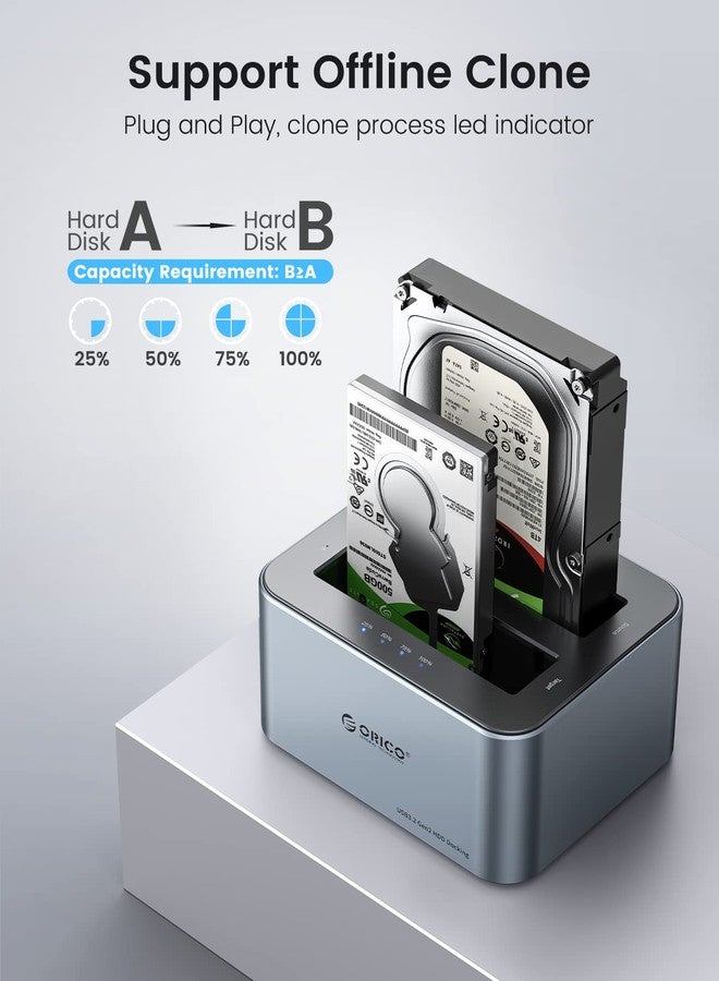 ORICO Hard Drive Docking Station with Offline Clone, Aluminum Alloy Dual Bay USB C to SATA Hard Drive Dock Holder for 2.5 or 3.5 Inch HDD 36TB UASP Support,Gray (6626C3-C) - Image 4