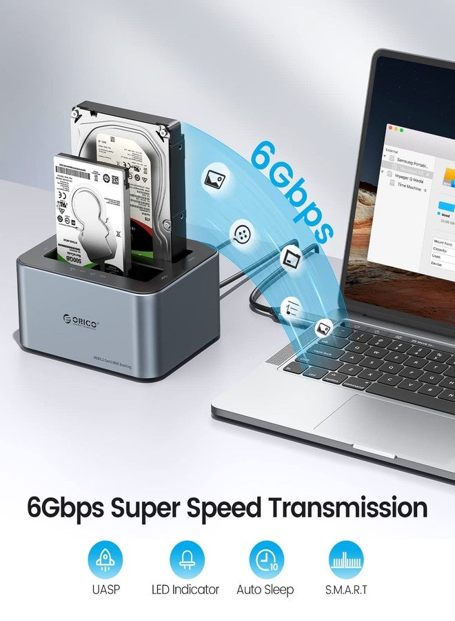 ORICO Hard Drive Docking Station with Offline Clone, Aluminum Alloy Dual Bay USB C to SATA Hard Drive Dock Holder for 2.5 or 3.5 Inch HDD 36TB UASP Support,Gray (6626C3-C) - Image 2