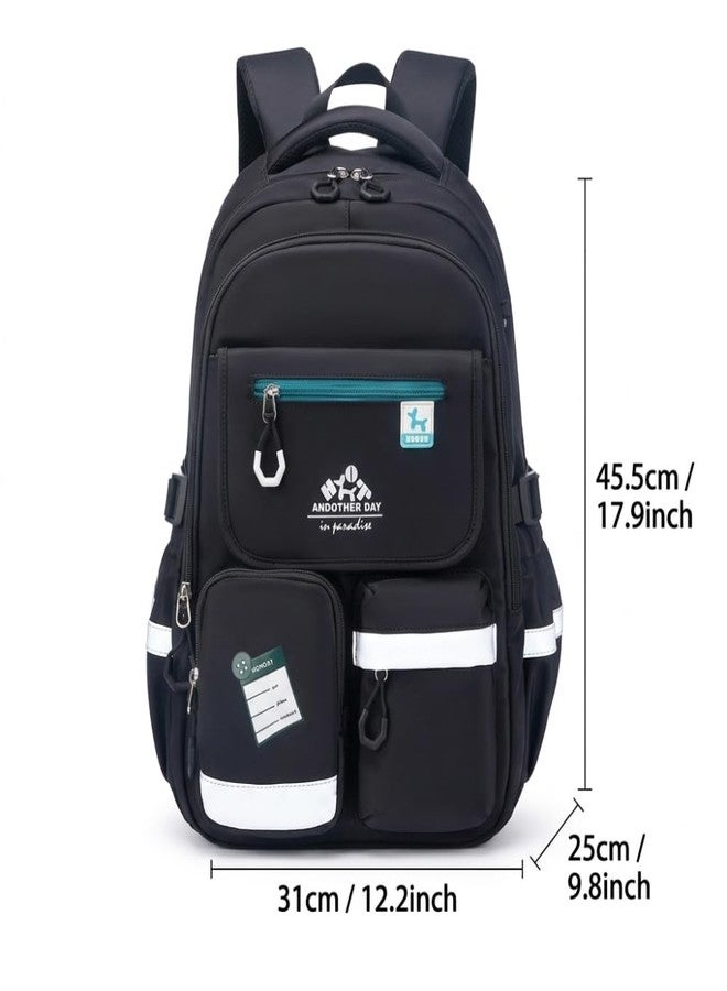 حقائب ظهر ميروكس للبنات والأولاد والنساء مزودة بجيوب متعددة، حقيبة كمبيوتر محمول ذات سعة كبيرة، حقائب كتب مقاومة للماء للمدرسة والدروس الخصوصية والجامعة والتخييم والسفر (أسود) - Image 2