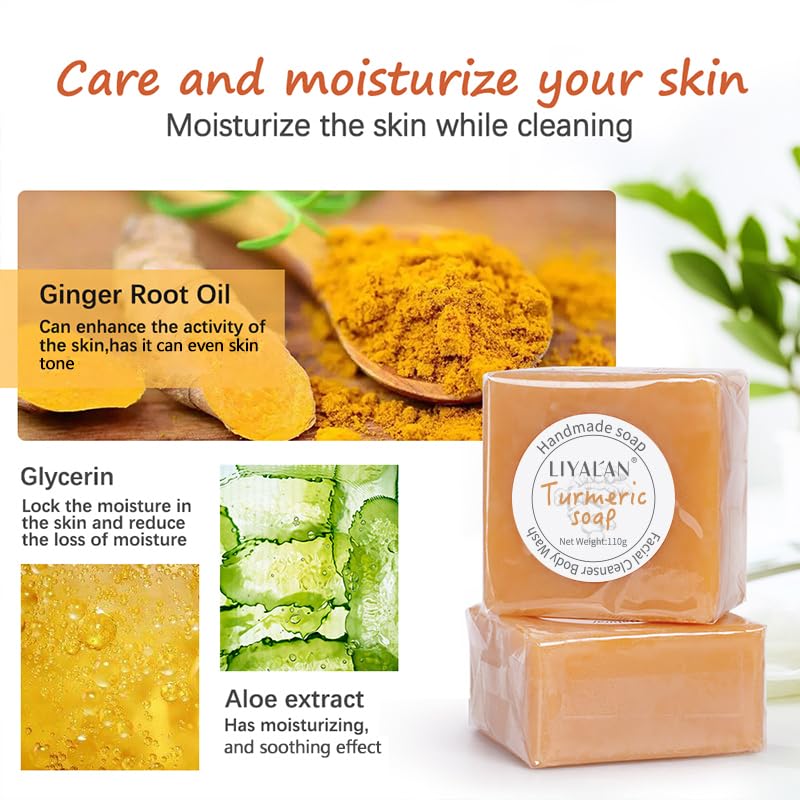 LIYALAN Turmeric Soap Bar for Face Body Smooth Skin,Deep Cleansing, Natural Vegan Handmade Soap Sensitive Skin Formula 3.88 oz x 1bar with a fresh ginger and lemongrass scent - Image 4
